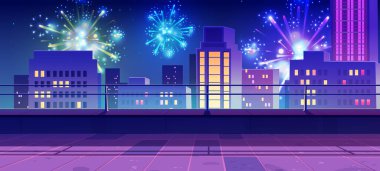 Çatıdaki balkon resimlerinden Gece Şehri sokak manzarası. Teras sahnesi ve festival havai fişek gösterisi. Dışarıda gökdelen dışında doğum günü kutlaması var. Gelecekçi neon panorama