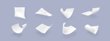 Farklı açılardan uçan kağıt sayfaları. Havadaki beyaz boş sayfaların gerçekçi 3d vektör çizimi. Düşen belge ya da harf modeli. Boş bukle notu ve broşür kaotik yüzey.