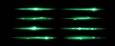 Siyah arka planda yeşil yatay ışık parlaması. Işıltılı ve ışıltılı neon ışıkları. Üst üste efektli parlak ışık çizgisi. Parıltılı lazer ışınından oluşan gerçekçi vektör çizimi.