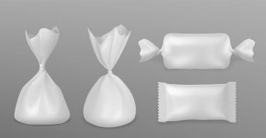 3 boyutlu çikolatalı plastik ambalaj kağıdı. Boş beyaz gerçekçi izole bar ve karamel ambalaj ikonu. Folyo kesesi ya da jöleli atıştırmalık ürün torbası ürün tanıtımı için grafik oluşturur.