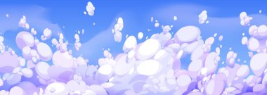 Anime tarzı mavi gökyüzü, kabarık bulutlu. Macera oyunu arka planı için güzel bulutların vektör çizimi, sihirli rüya uçuşu, cennet bulutlu zemin, yaz gökyüzü, temiz hava