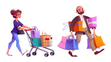 Alışveriş merkezi alıcısı, alışveriş torbaları ve hediye kutuları olan kadın ve erkek karakter. Çizgi film vektör çizimleri. Elinde alışveriş paketleri olan bir adam ve süpermarket arabasında paketler taşıyan bir kadın..