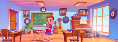 Okul müzik sınıfındaki çocuk çizgi film dersinde. Çocuk öğrenci karakteri elektrikli piyanoda oynar. Anaokulu kreşi ve iç mekan eğitimi. Orkestra konseri için çocuk enstrüman performansı