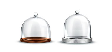 Tahta ve mermer taş, pasta ve cam kubbeli turta anlamına gelir. Gerçekçi 3d vektör illüstrasyon seti tatlı besin görüntüsü ve güvenli depolama. Pastalar için tepsiye boş plastik kap.