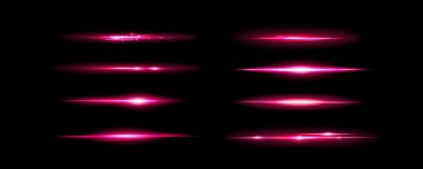 Pembe ışık efekti sihirli mercek parıltısıyla parlıyor. Neon hat vektöründe parlayan parıltı. Soyut parlak ışın ayırıcı koleksiyonu. Şenlik ve ihtişamlı mor kenar varlığı örtüyor