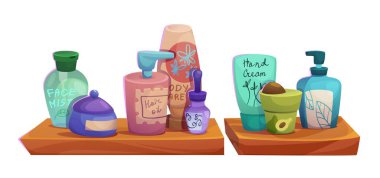 Cilt bakımı güzellik ürünleri illüstrasyonlu banyo rafı. Deri bakımı için hazırlanan banyo raflarındaki sabun şişesi ambalajı. Günlük rutinler için organik vücut jeli ve losyon. Günlük tuvalet malzemeleri