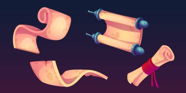 Siyah arkaplana izole edilmiş eski parşömen kağıtları. Antik hazine haritasının vektör çizimi, antika papirüs parşömeni, duyuru mesajı için boş sayfa, ortaçağ yasası, diploma belgesi