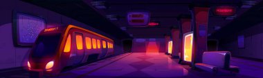 Metro istasyonu ve tren peronunda gece. Yeraltı metro koridorunun iç mimarisi. Toplu taşıma araçları ve neon reklamları parlıyor. Metropolitan tünel altyapısı