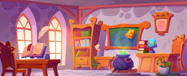 Magic School 'un içi. Eski ahşap kitaplık, eski masa ve sandalye, eski büyü kitabı ve tüy havada, yeşil iksir kazanda kaynayan, mum
