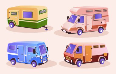 Aile yolculuğu ve yaz tatili için karavan. Karavan ve kamp karavanı çizimleri. Kamp ve yaz tatili için karavan ve karavan..
