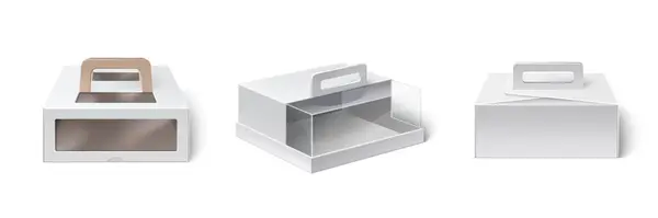Białe Pudełko Kartonowe Plastikowymi Oknami Uchwytem Realistyczne Wektor Ilustracji Zestaw — Wektor stockowy