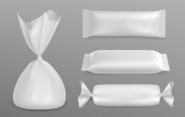 Beyaz boş şeker ambalajı modeli. Çikolata ve bonbon paket şablonunun gerçekçi 3d vektör çizimi. Tatlı, atıştırmalık plastik kap ve kese. Kum torbası ve şekerleme paketi.