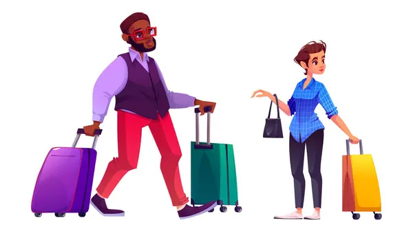 旅行ベクターでスーツケースを持つ旅行の人物のキャラクター ツアーや飛行機の旅で若い黒人男性と女性は 単離されたPngデザインセット 空港で荷物を持って歩くアフリカ人乗客 — ストックベクタ