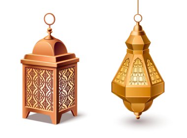 Geleneksel İslam feneri ve Ramazan Bayramı için oryantal süs veya bayram kutlaması. Arap desenli ve ayakta duran altın Müslüman metal lambasının gerçekçi 3D vektör çizimi.