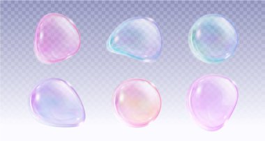 3 boyutlu pembe sabun topu. Şeffaf arka planda gerçekçi gökkuşağı su kabarcığı. Soyut yanardöner sıvı küre izole edildi. Işık yansımalı sihirli çamaşır küresi. Yuvarlak temizleme sabunlu kütle elementi