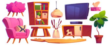 Beyaz arka planda izole edilmiş pembe oturma odası mobilyaları. Koltuğun kabarık pofuduk ve tekstil yastıklı vektör çizimi, ahşap raftaki kitaplar, TV seti, lamba, saksı, yer paspası