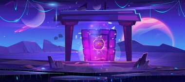 Magic portal on alien planet. Cartoon vector illustration of game or fairy tale space landscape with fantasy stone doorway. Mystic neon glowing gate with bug symbol for time or dimension travel. clipart