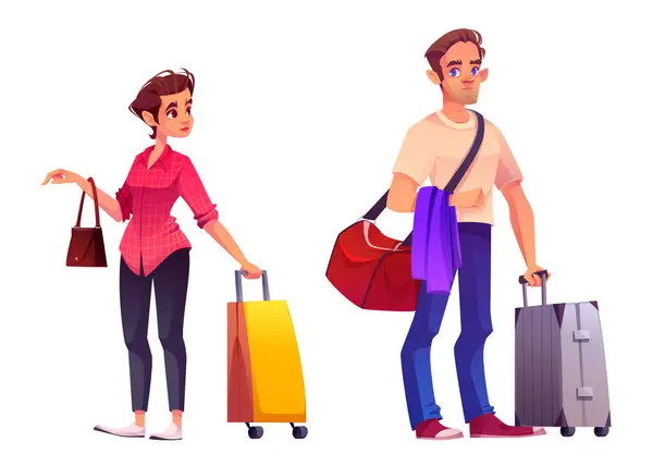 スーツケースを持っている人は 飛行機や電車で旅行します 荷物を運ぶ若い男女の漫画ベクターイラストセット バケーションまたはビジネス 男性と女性の旅行客 手荷物袋 — ストックベクタ