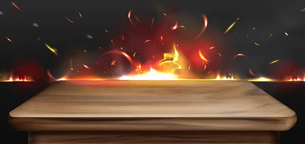 Деревянный Стол Фоне Пламени Дыма Векторная Реалистичная Иллюстрация Фонового Меню — стоковый вектор