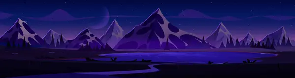 Ночной Пейзаж Гор Озером Рекой Темное Звездное Небо Мультфильм Векторная — стоковый вектор
