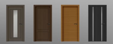 Modern evdeki 3D gerçekçi ahşap ön kapı. Ofisin iç kapısının cam ve saplı tasarımı. Yeni basit kahverengi ve zarif siyah oda giriş nesnesi çerçeve farklı varlık yakın plan.