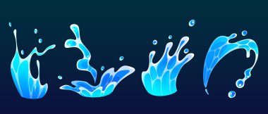 Su sıçratma, düşüş ve çizgi film deniz dalgası akış ikonu. Sıvı girdap ve mavi sprey efekti 2d soyut hareket tasarım klipsi. İzole edilmiş su enerjisi akışı ve sıvı dalgalanması oyun animasyon png ögesi seti.