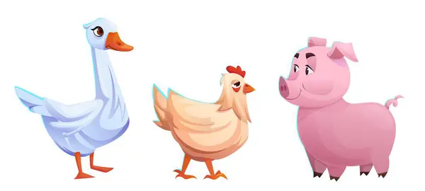 Cute Farm Animals Collection Goose Chicken Pig Cartoon Vector Illustration — Stock Vector