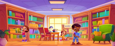 Çocuklar kitap okur ve okul kütüphanesinde okurlar. Küçük insanların olduğu bir çocuk ev ödevi yapıyor. Anaokulu ya da anaokulu sınıfı akıllı bebekler için. Kitaplık ve pencerenin yanında kitap okuyan genç edebiyat aşığı