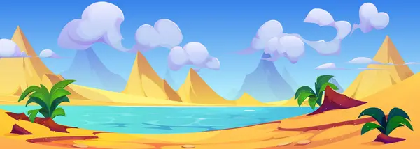 带沙丘和湖泊的沙漠景观 图片说明干旱沙景与丘陵 池塘或河流 海岸灌木丛 晴天蓝天与云彩的关系 免版税图库插图