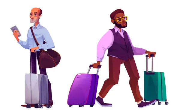 バックグラウンドで孤立した手荷物セットのビジネスマン スマートフォンやスーツケースでビジネスススーツで男のベクトル漫画イラスト 荷物を運ぶアフリカの男性乗客 旅行キャラクター ストックベクター