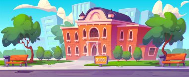 Okul binası ve dışarıdaki çizgi film geçmişi. Park ve yol kenarındaki şehir üniversitesi. Sokak manzaralı bir üniversite kampüsü. Müze veya kamu kurumu açık hava grafiği