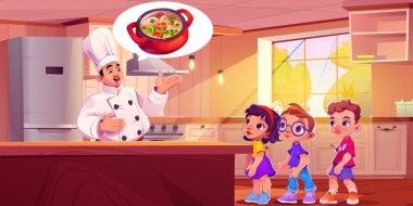 Şef, çocuk vektör karikatürü için çorba pişirdi. Çocuk karakteri ve modern mutfak içinde önlüğü ve şapkası olan profesyonel şef aşçılık ekipmanlarıyla. Mutlu kız ve erkek için aşçılık atölyesi