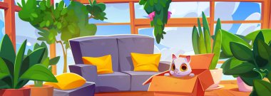Oturma odasında kedili bir kutu, içinde pencere tasarımı var. Modern ev mobilyaları ve ot bitkileri. Evlatlık, sevimli, kapalı, rahat, mobilyalı, oturma odası. Paketin içindeki komik karakter.