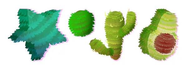 カーニバルやバースデーパーティーのデザインのためのメキシコの伝統的なピナタ アボカドおよびカクタスの形の甘いキャンディが付いている緑のペーパー手工芸祭のゲーム要素の漫画のベクトル セット ストックイラスト
