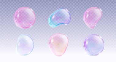 3 boyutlu pembe sabun topu. Şeffaf arka planda gerçekçi gökkuşağı su kabarcığı. Soyut yanardöner sıvı küre izole edildi. Işık yansımalı sihirli çamaşır küresi. Yuvarlak temizleme sabunlu kütle elementi