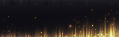 Dikey altın çizgi ışık efekti. Işılda ve ışılda. Sihirli lazer ışını parıltısı. Gizemli teknoloji veri ipliği deseni. String projeksiyon bg. Yer illüstrasyonlu yukarı dönük lens iz pankartı