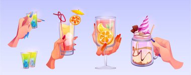 Parti illüstrasyonunda tost bardağı için el ele tutuşun. Kadınlar doğum gününü meyve suyu ya da alkolle kutlar. Ayrı bir kadın parçası ve pembe sangria, portakal suyu ve şampanya.