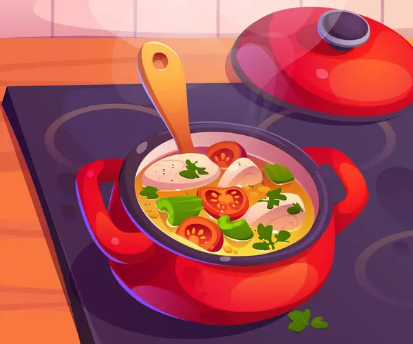 キッチンストーブに野菜スープが入った赤パン トップビューを調理しながら熱い食べ物の煙と沸騰 ハンドルキッチン用グラフィックデザインのオープンポット 電気調理器のボウルでの夕食の準備 ロイヤリティフリーストックベクター