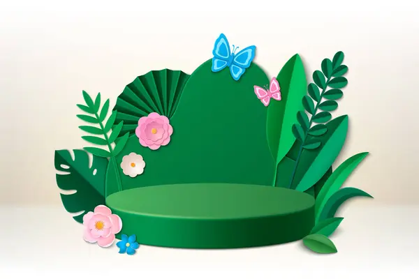 スタジオ用3Dグリーンリーフ製品ディスプレイ表彰台 自然バナーのための夏の植物プラットフォームのシーン 春の花と葉の化粧台のプレゼンテーションテンプレート 現代ショーケースレンダリング ロイヤリティフリーのストックイラスト
