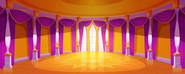キャッスルボールルームインテリア 紫の宮殿のホール漫画の背景 ファンタジーゲームイラストのための王立中世ダンスルーム 窓およびカーテン装飾が付いている宴会および結婚式の廊下 ベクターグラフィックス