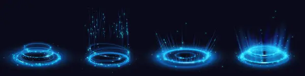 蓝光门户效应与魔法霓虹灯发光 技术全息图传输 能量戒指的游戏 3D动力涡旋基座 具有线形涡旋和环状闪光的发光未来产品级 矢量图形