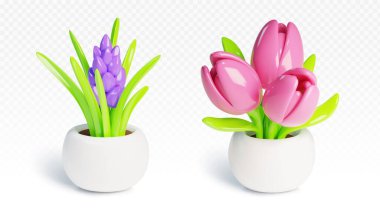 Üç boyutlu saksı. Ev bahçesi için lale bitkisi ikonu. Ev yapımı seramik vazo ve iç mekanda sümbül var. Basit ve güzel ofis bitkisi dekoratif nesneleri. Bahar sevimli dekorasyonu
