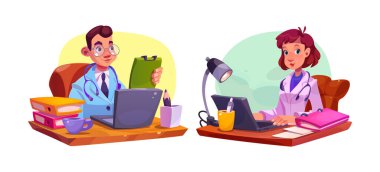 Hastane masasında bilgisayar vektörlü bir adam var. Bilgisayarda kontrol etmek ve online danışmanlık yapmak için kadın karakterli bir tıbbi bakım. Teşhis araştırması için sağlık odasında tele sağlık muayenesi