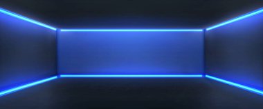 Mavi ışıklı karanlık bir oda. Duvarlarda kurşun tüpleri, gece kulübü sahnesinde lazer ışını aydınlatması, soyut sergi odası alanı olan boş fütüristik siyah stüdyo arka planının vektör gerçekçi çizimi