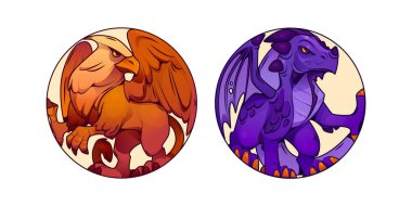 Kanatlı Griffin ve ejderha oyun çemberi ikonu. Gryphon kartal karakteri ve canavar maskot çizim seti. Dinozor pençeli mitoloji yuvarlak avatar tasarımı. Profil için Heraldik mor Clipart