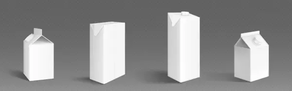 帽子が付いているミルクかジュースのパック箱 飲料のためのふたが付いている空白の白いカートンのパッケージの現実的な3Dベクターのモックアップセット 液体プロダクトのための空のボール紙容器 グルーセリーテトラパックテンプレート — ストックベクタ