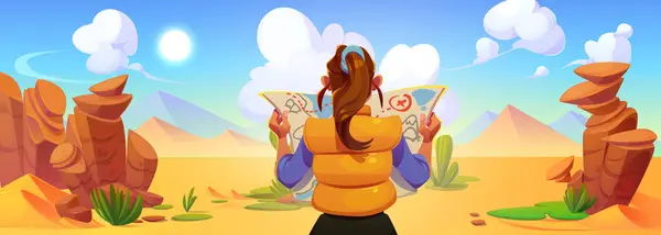 Пейзаж Пустыни Каньон Женщина Карикатурой Карту Западный Фон Игры Туристом Лицензионные Стоковые Иллюстрации