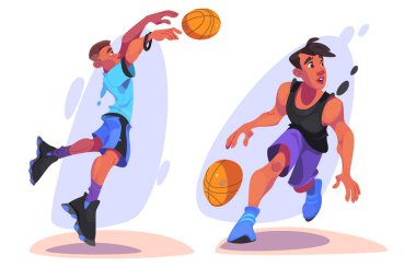 Üniformalı basketbolcu atlarken top sürüyor. Antrenman veya yarışma sırasında genç erkek oyuncuların çizgi film vektör çizimi. Profesyonel spor takımında oynamak..