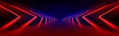 Siyah arka planda kırmızı ışık tüneli. Karanlık sahnede parlayan soyut neon kemer aydınlatmasının vektör gerçekçi çizimi, gece kulübü dekorasyonu için lazer ışını koridoru, gelecekteki siber uzay