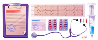 Masa başı görüntü tasarımı için doktor ekipmanları ve çalışma unsurları. Kağıt doküman veya reçete, kardiyogram sınav sonuçları ve stetoskop, ilaç ve şırınga çizimleri.